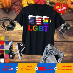 Beer American Flag Drinking Gay Pride Lesbian LGBT Rainbow T-Shirt