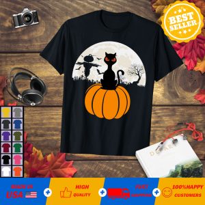 Cute Black Cat On Pumpkin Full Moon Funny Halloween T-Shirt