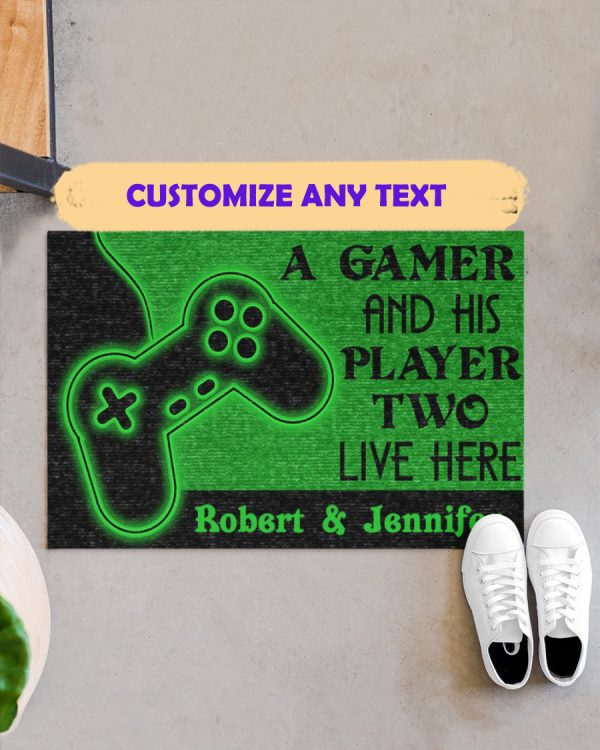 A Great Gamer And His Player Two Live Here Personalized Doormat Custom Name Couple Welcome Home Mat, Indoor Outdoor Floor Rug, Housewarming