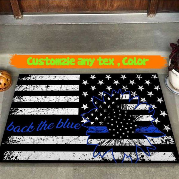 Back The Blue America Flag Sunflower Doormat Welcome Floor Mat, Housewarming Doormats Gift Rug, New Home Decor Family Outdoor Indoor