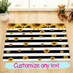 Black White Stripes Golden Sunflowers Floor Rug Non-skid Door Bath Mat Carpet