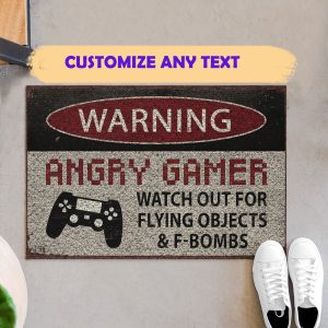 Game Warning Angry Gamer Watch Out For Flying Objects And Fbombs Doormat Welcome Home Mat, Indoor Outdoor Floor Rug, Housewarming Gift,