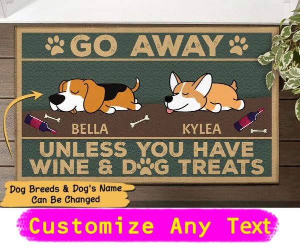Go Away Unless You Have Wine and Dog Treats Personalized Custom Outdoor Doormat Rug Newlywed Wedding Housewarming Family Gift