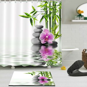 Health Spa Bamboo Flower Waterproof Fabric Bathroom Mat Set Shower Curtain Liner