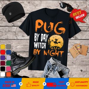 Womens Funny Pug By Day Witch By Night Halloween Pumpkin Dog V-Neck T-Shirt