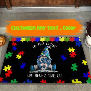 In This House We Never Give Up Blue Gnome Autism Awareness Doormat Gnomie Welcome Floor Mat, Housewarming Doormats Gift Rug, New Home Decor