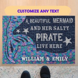 Personalized A Beautiful Mermaid And Her Salty Pirate Live Here Doormat Custom Name Couple Welcome Home Mat, Indoor Outdoor Floor Rug,