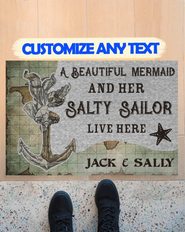 Personalized A Beautiful Mermaid And Her Salty Sailor Live Here Doomat, Custom Name Couple Welcome Floor Mat, Housewarming Gift Rug, Home
