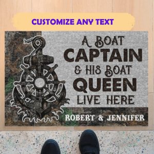 Personalized A Boat Captain And His Boat Queen Live Here Doormat Custom Name Couple Welcome Home Mat, Indoor Outdoor Floor Rug,