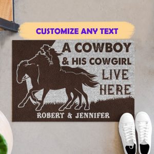 Personalized A Cowboy And His Cowgirl Live Here Doormat Custom Name Couple Welcome Home Mat, Indoor Outdoor Floor Rug, Housewarming Gift,