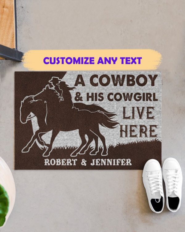 Personalized A Cowboy And His Cowgirl Live Here Doormat Custom Name Couple Welcome Home Mat, Indoor Outdoor Floor Rug, Housewarming Gift,