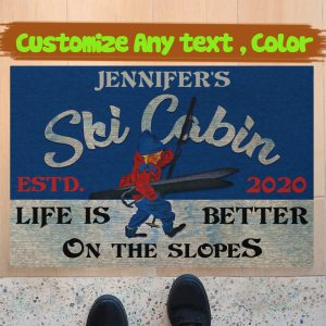 Personalized Skiing Ski Cabin Doormat Life Is Better On The Slopes Custom Name Welcome Floor Mat, Housewarming Doormats Gift Rug, New Home