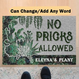 Personalized Succulent Plant No Pricks Allowed Doormat Custom Name Welcome Floor Mat, Housewarming Doormats Gift Rug, New Home Decor Family