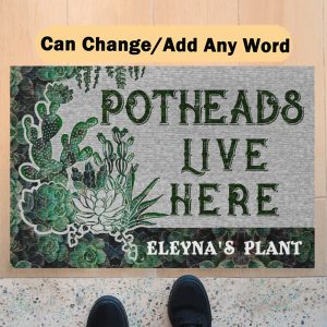 Personalized Succulent Plant Potheads Live Here Doormat Custom Name Couple Welcome Floor Mat, Housewarming Doormats Gift Rug, New Home