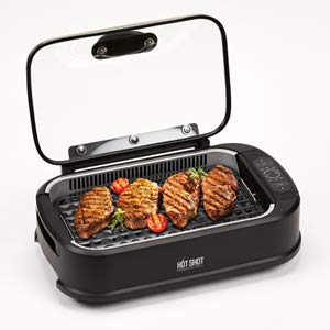 Hot Shot Smokeless Grill Indoor Use Electric, Compact and Portable Grilling Grill Grate and Griddle Plate Removable Kitchen Tabletop, Backyard NonStick Cooking Surfaces
