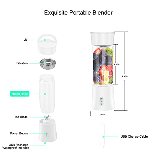 Portable Blender, Blender for Shakes and Smoothies, Mini Personal Blender USB Rechargeable with Six Blades for Home Kitchen Sports Travel Outdoor, 13 Oz, White