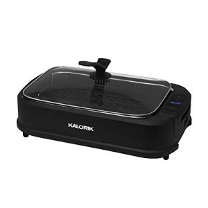 Kalorik, GR 45386 BK, Indoor Smokeless Grill with Tempered Glass Lid, Removable Grill Plate, Drip Tray, Digital Temperature Control LED Display, Precise Cooking up to 460 Degrees.