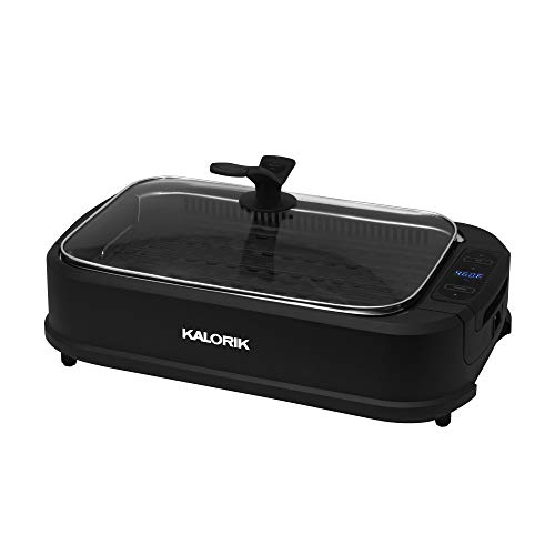 Kalorik, GR 45386 BK, Indoor Smokeless Grill with Tempered Glass Lid, Removable Grill Plate, Drip Tray, Digital Temperature Control LED Display, Precise Cooking up to 460 Degrees.
