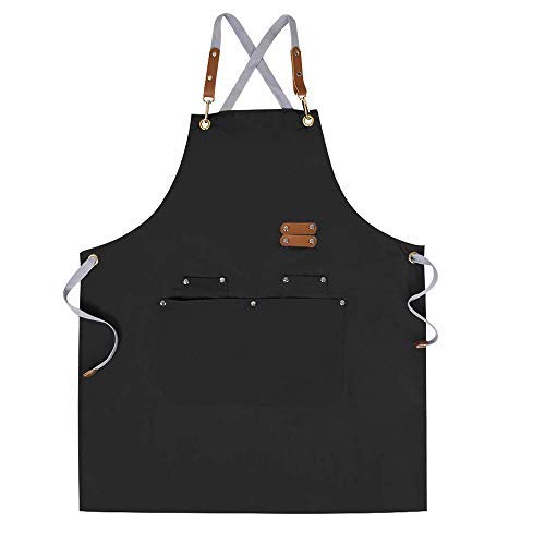 Chef Apron-Cross Back Apron for Men Women with Adjustable Straps and Large Pockets,Canvas,M-XXL ,Black