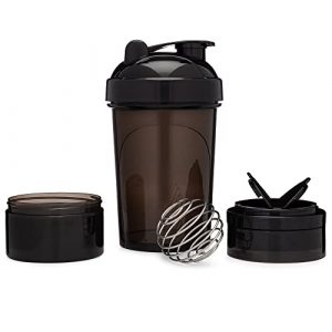 [2 Pack] 20-Shaker Bottle with Attachable Storage Compartments (White & Black - 2 Pack) | 20 Ounce Protein Shaker Cup with Motivational Quotes | Attachable Container Storage for Protein or Supplements with Wire Whisk Balls
