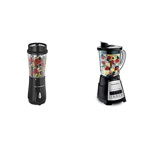 Hamilton Beach Personal Blender with 14oz Travel Cup and Lid, Black & Power Elite Blender with 12 Functions for Puree, Ice Crush, Shakes and Smoothies and 40oz Glass Jar, Black and Stainless Steel