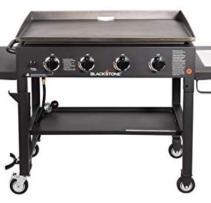 Blackstone 36" Cooking Station 4 Burner Propane Fuelled Restaurant Grade Professional 36 Inch Outdoor Flat Top Gas Griddle with Built in Cutting Board, Garbage Holder and Side Shelf (1825), Black