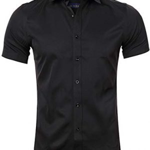 FLY HAWK Men's Regular Fit Solid Dress Shirts Button Down Short Sleeve Shirt Black US M