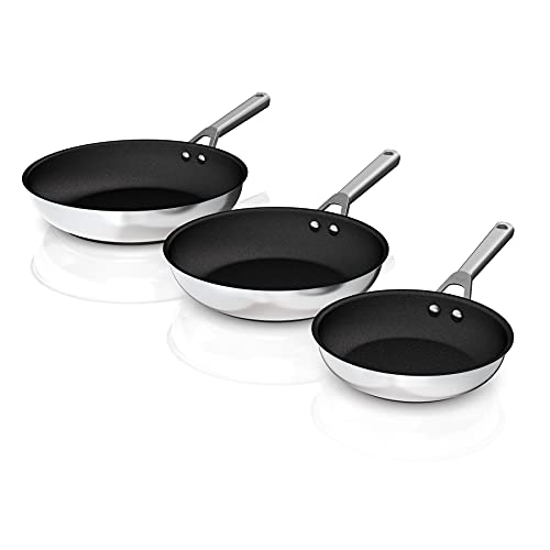 Ninja C63000 Foodi NeverStick Stainless 8-Inch, 10.25-Inch, & 12-Inch Fry Pan Set, Polished Stainless-Steel Exterior, Nonstick, Durable & Oven Safe to 500°F, Silver
