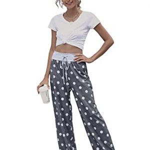Women's Comfy Casual White Dot Print High Waist Drawstring Pajama Pants Casual Loose Wide Leg Pants Sweatpants Trousers X-Large