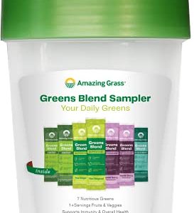 Amazing Grass Greens Blend Sampler: Super Greens Powder with Spirulina, Chlorella & Beet Root, Digestive Enzymes, Prebiotics & Probiotics, 7 Single Serve Packets + Shaker Bottle