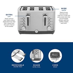 GE Stainless Steel Toaster | 4 Slice | Extra Wide Slots for Toasting Bagels, Breads, Waffles & More | 7 Shade Options for the Entire Household to Enjoy | Countertop Kitchen Essentials | 1500 Watts