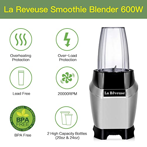 La Reveuse Countertop Blender - Making Shakes and Smoothies 600 Watts-with 20 oz and 24 oz BPA Free Portable Travel Bottles - Dishwasher Safe