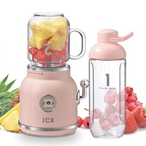 Smoothie Blender, ICX Personal Blender for Shakes and Smoothies, Retro Smoothie Maker Portable Blender with 6 Sharp Blades, 21oz Travel Cup and Lids Pink