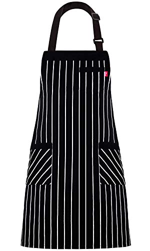 ALIPOBO Aprons for Women and Men, Kitchen Chef Apron with 3 Pockets and 40" Long Ties, Adjustable Bib Apron for Cooking, Serving - 32" x 28" - Black/White Pinstripe - 1 Pcs
