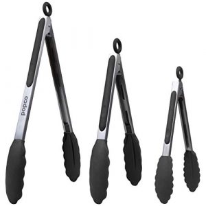 The Original Popco Tongs, Set of 3-7,9,12 inches, Heavy Duty, Stainless Steel Bbq and Kitchen Tongs with Silicone Tips (3 COLORS AVAILABLE)