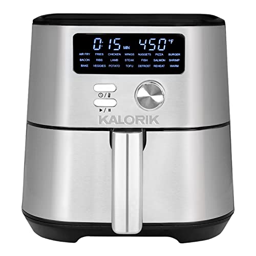 Kalorik MAXX® Digital Air Fryer FT 47821 BKSS | 4 Quart 7-in-1 Oilless Fryer with 7 Cooking Functions | LED Display with 21 Smart Presets | Nonstick Air Frying Basket | Recipe Book | 1600W | Stainless Steel & Black