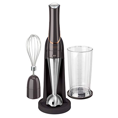 CRUX Cordless Hand Immersion Blender, Durable 7.5” Blending Arm, Quickly Blend, Mix Smoothies, Easily Whip, Puree Sauces/Soups, Conveniently Rechargeable, Easy to Clean with Dishwasher Safe Removeable Parts, Stainless Steel/Black