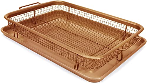 EaZy MealZ Crisping Basket & Tray Set | Air Fry Crisper Basket | Tray & Grease Catcher | Even Cooking | Non-Stick | Healthy Cooking (9.5" x 13", Copper)