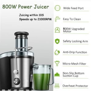 Juicer Machines, 800W Centrifugal Juicer Extractor with 3” Wide Feed Chute for Whole Fruit and Vegetable, Easy to Clean, 304 Stainless Steel Powerful Juicer with 2 Speed Modes & Anti-drip, BPA-free