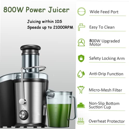 Juicer Machines, 800W Centrifugal Juicer Extractor with 3” Wide Feed Chute for Whole Fruit and Vegetable, Easy to Clean, 304 Stainless Steel Powerful Juicer with 2 Speed Modes & Anti-drip, BPA-free