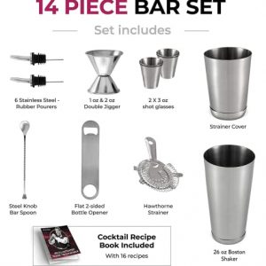 FineDine 14-Piece Cocktail Shaker Set Bartender Kit - Boston Shaker w/ Strainer, Bar Jigger, Bar Spoon & More - Full Stainless Steel Cocktail Set w/ Bar Tools - Drink Mixer Bar Set - Bar Accessories