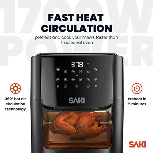 SAKI Smart Air Fryer Oven XL13 Quart, 9-in-1, Rotisserie, Dehydrator, Roast, Bake, Preheat, Recipes & Accessories Included, 1700W, ETL Listed, RA018-AF, Black