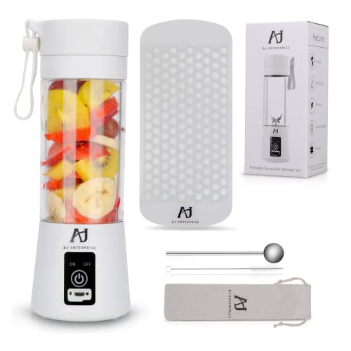 AJ Enterprise Portable Smoothie Blender - Includes Spoonstraw Set, Mini Hearts Ice Tray, Bonus EXCLUSIVE eBook - 380ml, 13oz Cup, 6 Blades, Rechargeable, Cordless Personal Size Handheld Fruit Juice Mixer - Home, Travel, Gym, Sports, Kitchen, Instant (white)