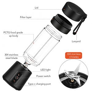 Portable Blender,Travel Blender,Mini Blender,Personal Mixer Fruit Rechargeable with USB,380ml,Fruit Juice for Great Mixing(Black)