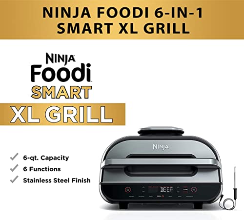 Ninja FG551H Foodi Smart XL 6-in-1 Indoor Grill with 4-Quart Air Fryer Roast Bake Dehydrate Broil and Leave-in Thermometer, with Extra Large Capacity (Renewed) (Stainless Steel)