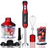 Immersion Blender LINKChef 4-in-1 Hand Blender Stick Powerful Low Noise Large 800ml Beaker, Stainless Steel Whisk and 500ml Food Chopper, BPA-Free, Red/Black(HB-1230T)-3 Years Warranty (Red and black)