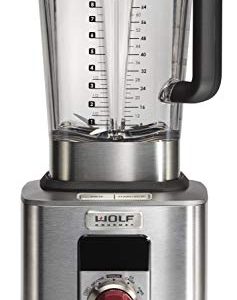 Wolf Gourmet High-Performance Blender, 64 oz Jar, 4 program settings, 12.5 AMPS, Blends Food, Shakes and Smoothies, Red Knob, Stainless Steel (WGBL100S)