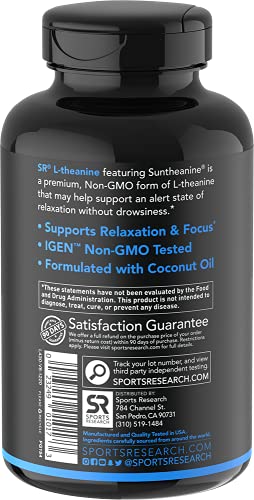 Suntheanine® L-Theanine 200mg (Double-Strength) in Cold-Pressed Organic Coconut Oil; Non-GMO & Gluten Free - 60 Liquid Softgels