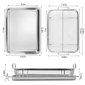 Eyourlife 2 Piece Stainless Steel Crisper Tray and Basket 13 x 8.6 Inch, Oven Air Fryer Pan Mesh Basket Set, Crisper Oven Tray for French Fry/Frozen Food(Silver)