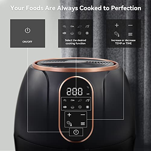 Air Fryer 4.2QT Airfryer Freidora de Aire 8 Cooking Functions on Easy Touch Screen, Air Fryers Electric with LED Touch Screen Temperature Control Roasting Reheat Dehydrating Nonstick Basket, Black